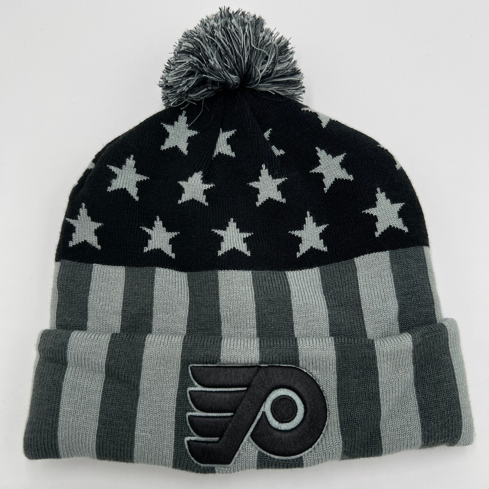 Philadelphia Flyers Fanatics NHL Beanie Hat Black Grey Stars Stripes Pom OSFM